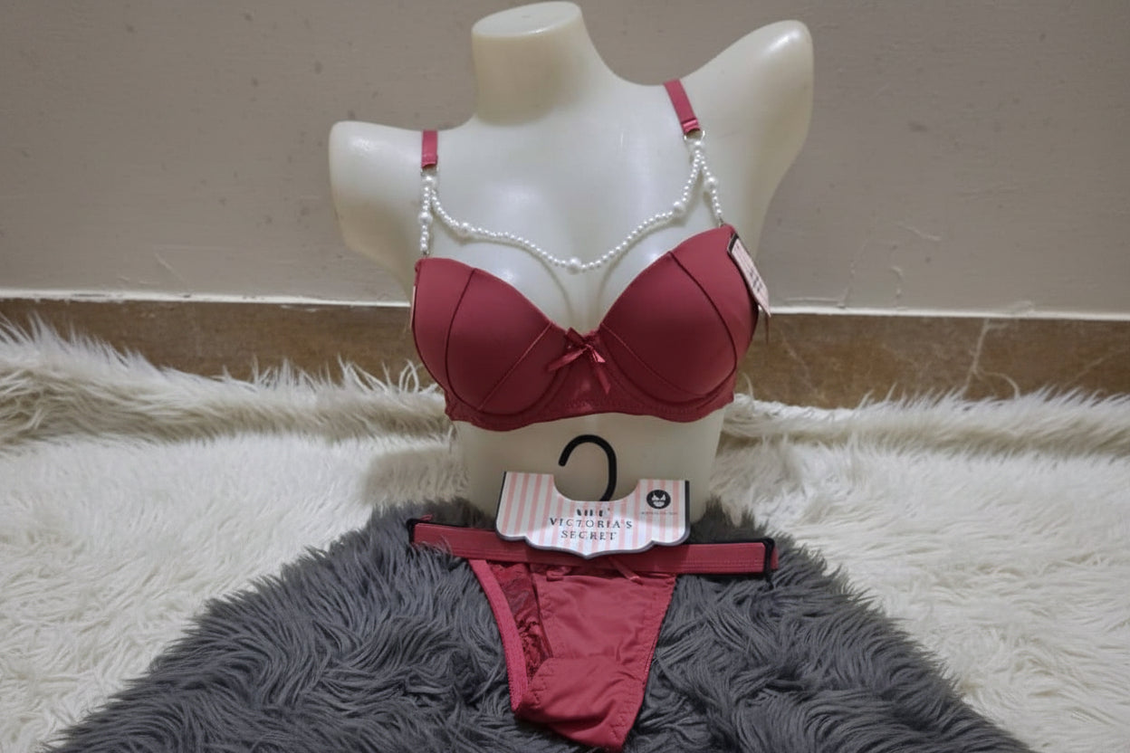 Luxe Rosewood Bra & Thong Set - Beaded Straps & Padded Cups