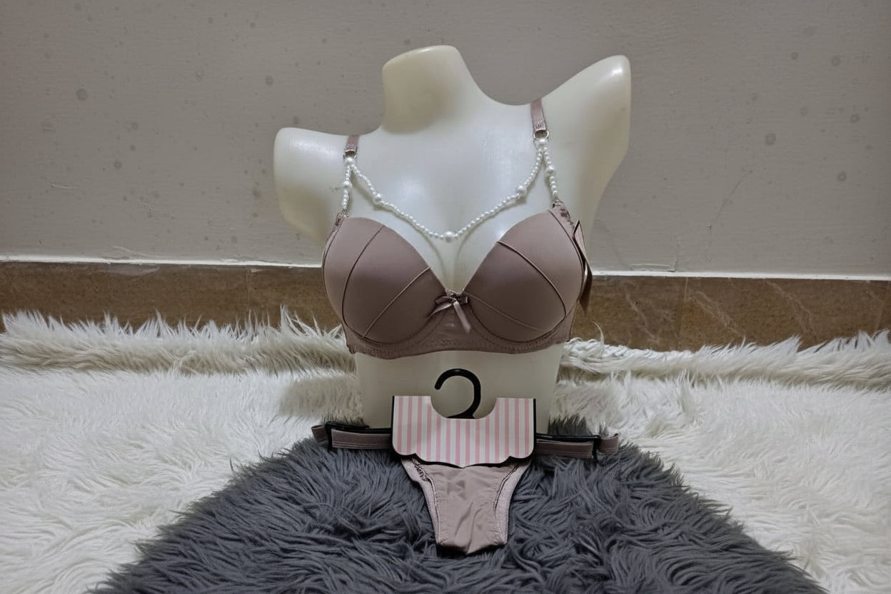 Luxe Rosewood Bra & Thong Set - Beaded Straps & Padded Cups